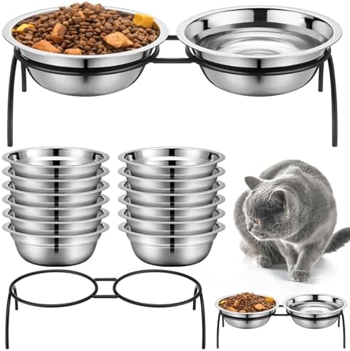 12 Pack Stainless Steel Cat Food Bowls 5.5 Inch Raised Cat Bowls with One Metal Stand Elevated Pet Feeding Water Feeder Dishes for Indoor Kitten Puppy Dogs Feeding Dish to Prevent Fatigue by Yiyiring