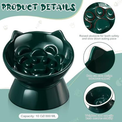 Funnymoom 2 Pcs Ceramic Raised Slow Feeder Cat Bowl, 5.91inch Elevated Cat Slow Feeder Bowl Tilted Anti Vomiting for Dry Wet Food and Water Easy to Clean High Edge(Dark Green) - Image 3