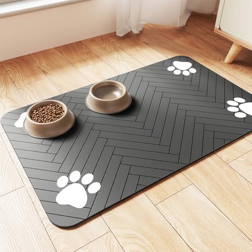 Pet Feeding Mat-Absorbent Pet Placemat for Food and Water Bowl, with Waterproof Rubber Backing, Quick Dry Water Dispenser Mat for Dog and Cat (24"x16", Striped Dark Gray) by Incenseburner
