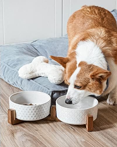 LE TAUCI Dog Bowl Set with Acacia Wood Stand - 1.8-Cup Ceramic Puppy Bowls for Small Dogs, Dual Food and Water Bowls with Weighted Non-Slip Base - Image 5