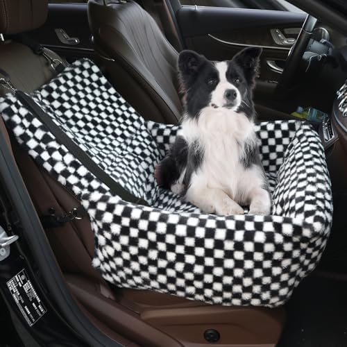 Dog Car Seat for Small Dogs,Medium Dog Car Bed with Detachable Washable Cover,Pet Puppy Booster Cars Seats with Safety Belt Up to 30 lbs(Grid Black) by RUONARIER