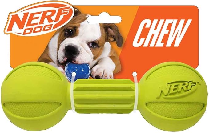 Nerf Dog Rubber Chew Barbell Dog Toy for Aggressive Chewers, Lightweight, Durable and Water Resistant, 7.5 Inches, for Medium/Large Breeds, Single Unit, Green (6994)