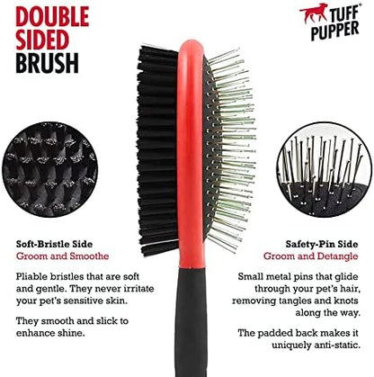 Tuff Pupper Double Sided Dog Brush, Detangling Tool for Dogs and Cats, Pin & Bristle Pet Brush, for and Hair Types, With Comfort-Grip Anti-Slip Handle, Brown, Black, White - Image 3