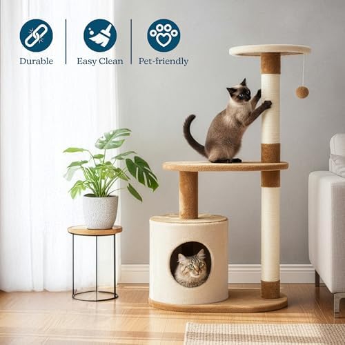 PETMAKER Cat Tree Condo 3 Tier with Condo and Scratching Posts, 37.5", Brown and Tan - Image 3