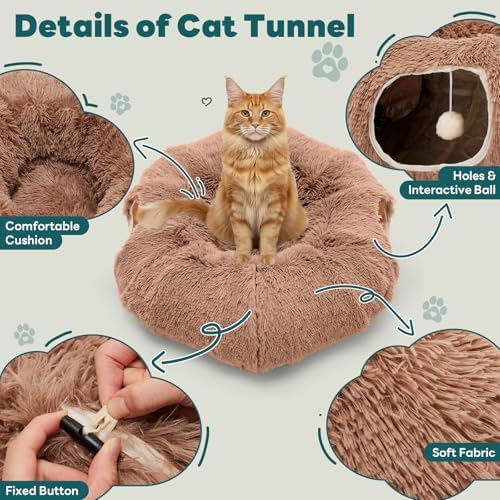 DUMOS Cat Tunnel Bed for Indoor Cats, Cave Donut Play Tunnel, Modern Brown - Image 3
