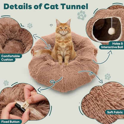 DUMOS Cat Tunnel Bed for Indoor Cats, Cave Donut Play Tunnel, Modern Brown - Image 3