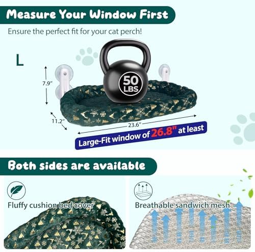 L&W BROS. 2-Pack Foldable Cat Window Perches with Christmas Cushion Bed Easy to Assemble Cats Hammock for Window, Warm Indoor Cat Beds for Large Cats, Edition(M Green) - Image 2