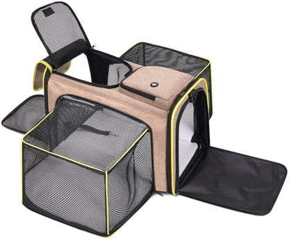 Pet Carrier, Large Soft Sided Expandable Travel Carrier with Steel Frame, Anti-Scratch Mesh, Removable Fleece Pad and Pockets for Cats, Dogs and Small Animals up to 15 lbs (Brown, 4 Sides Expandable) by Handor