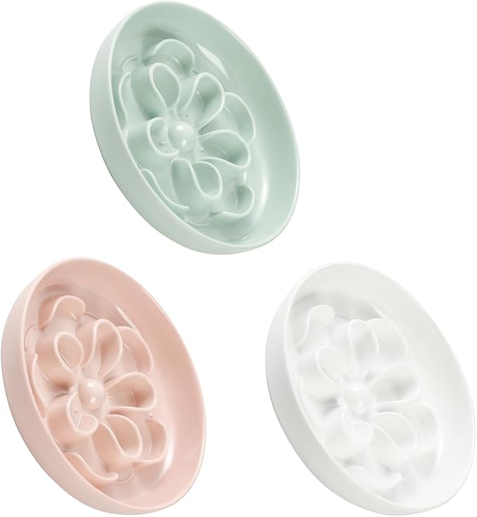Melamine Cat Slow Feeder Bowl Set - Floral Maze Food Dishes for Cats and Small Dogs - Shallow Wide Plates for Dry & Wet Food - 3 Pack - White & Pink & Green