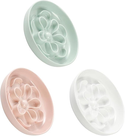 Melamine Cat Slow Feeder Bowl Set - Floral Maze Food Dishes for Cats and Small Dogs - Shallow Wide Plates for Dry & Wet Food - 3 Pack - White & Pink & Green