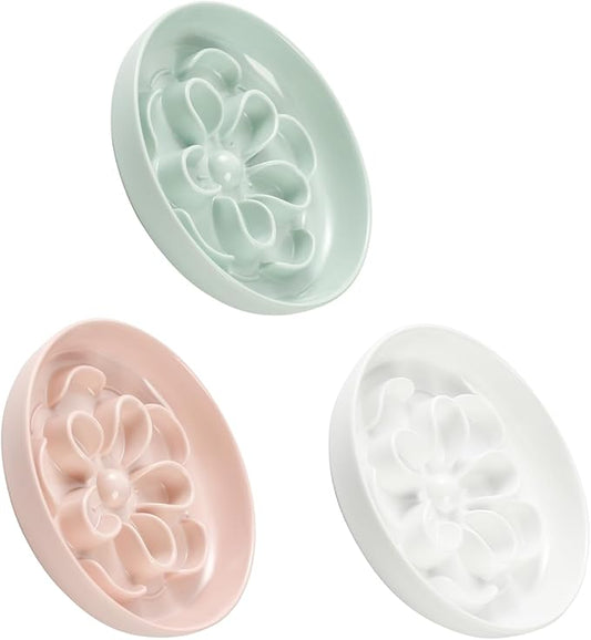 Melamine Cat Slow Feeder Bowl Set - Floral Maze Food Dishes for Cats and Small Dogs - Shallow Wide Plates for Dry & Wet Food - 3 Pack - White & Pink & Green