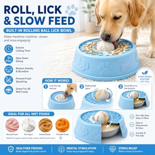Slow Feeder Dog Bowls，Dog Lick Bowl with Rolling Ball,Interactive Dog Licking Toy & Dog Enrichment Toys, Dog Lick Ball Bowl for Wet Food，Non-Slip Design(Blue) - Image 2