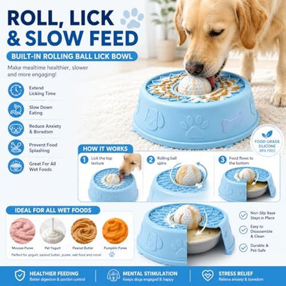 Slow Feeder Dog Bowls，Dog Lick Bowl with Rolling Ball,Interactive Dog Licking Toy & Dog Enrichment Toys, Dog Lick Ball Bowl for Wet Food，Non-Slip Design(Blue) - Image 2