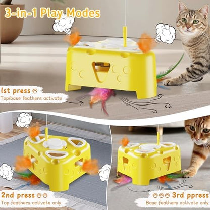 Automatic Cheese-Shaped Interactive Cat Toy – Flying Bird, 6-Hole Mole & Rotating Feather | USB Rechargeable Electronic Feather Toy for Indoor Adult Cats & Kittens, Relieves Boredom - Image 3