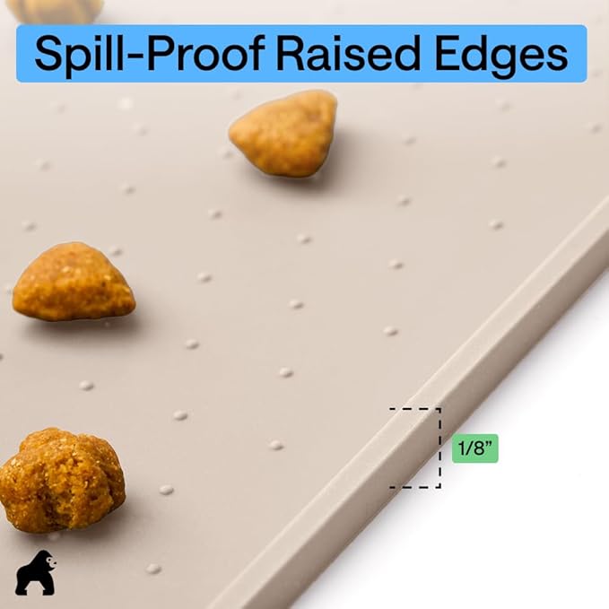 GORILLA GRIP 100% Waterproof Raised Edge BPA Free Silicone Pet Feeding Mat, Dog Cat Food Mats Contain Spills Protects Floors, Placemats for Cats and Dogs Water Bowl, Pets Accessories 16x10, Cream