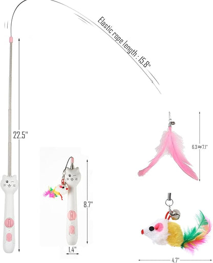 Cat Toys for Indoor Cats Retractable Cat Wand, with Feather & Mice, 3-in-1 Laser Pointer Interactive Cat Toy, 5 Modes, Kitten Toy for Indoor Cat and Dog (Pink)