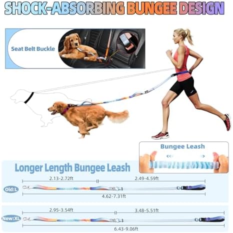 Roses&Poetry Hands Free Dog Leash with Zipper Pouch, 6-9ft Bungee Waist Leash for Medium Large Dogs Walking, Running Lead with Dual Padded Handles Car Safety Buckle for Training Jogging - Image 3