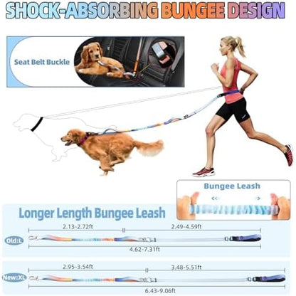 Roses&Poetry Hands Free Dog Leash with Zipper Pouch, 6-9ft Bungee Waist Leash for Medium Large Dogs Walking, Running Lead with Dual Padded Handles Car Safety Buckle for Training Jogging - Image 3