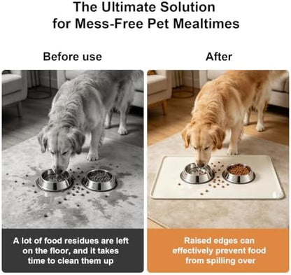 Waterproof Silicone Pet Feeding Mat Nonslip Raised Edges 24x16 Beige - Image 2
