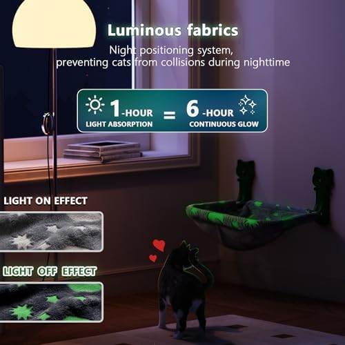 JUNSPOW Cat Window Perch Cordless, Glow in The Dark & Stable Cat Beds- Breathable Window Hammock for Overlooking, Sunbathing and Climbing - Maximum Hold Up to 40lb(Grey) - Image 2