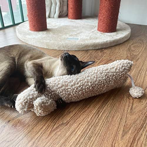 TTcat 14.6 Inch Large Curly Plush Pillow Cat Kicker Toy with Catnip Silvervine Powder, Soft Stuffed Cat Chew Toy with Tail, Interactive Toy for Indoor Cats and Kittens(Beige). - Image 6