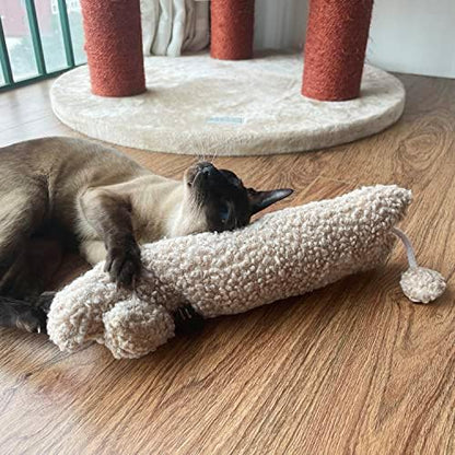 TTcat 14.6 Inch Large Curly Plush Pillow Cat Kicker Toy with Catnip Silvervine Powder, Soft Stuffed Cat Chew Toy with Tail, Interactive Toy for Indoor Cats and Kittens(Beige). - Image 6