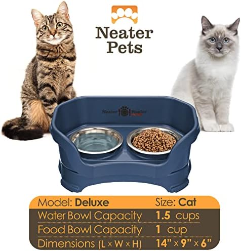 Neater Pet Brands Neater Feeder Deluxe Mess Proof Cat Bowls Elevated, Made in USA, No Spill Raised Bowls for Indoor Cats, Stainless Steel Food and Water Bowl Set, Pet Dish Feeding Station, Dark Blue - Image 5