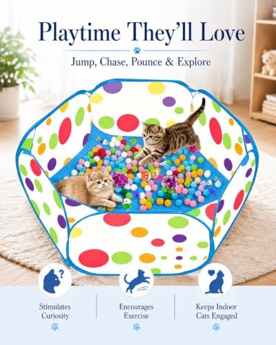 Cat Ball Pit with 227 Pcs Interactive Cat Toys, Enrichment Toys for Bored Indoor Cats Self Play, Include Pom Pom Balls Jingle and Crinkle Balls, Springs and Mice Toy for Kitten Fun and Exercise - Image 3