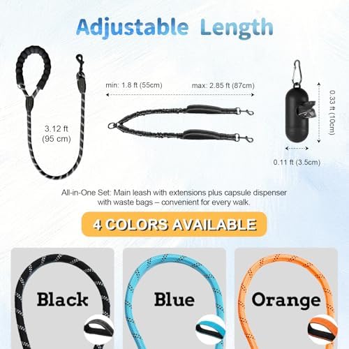 Double Dogs Leash - Removable Main Lead Rope with Splitter, No Tangle 2 Dog Coupler, Reflective No Pull Bungee, 3 Handle, D-Ring, Extra Long for Walk Train Medium Large Two Pet (Orange) - Image 2