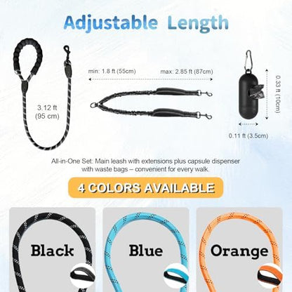 Double Dogs Leash - Removable Main Lead Rope with Splitter, No Tangle 2 Dog Coupler, Reflective No Pull Bungee, 3 Handle, D-Ring, Extra Long for Walk Train Medium Large Two Pet (Blue) - Image 2