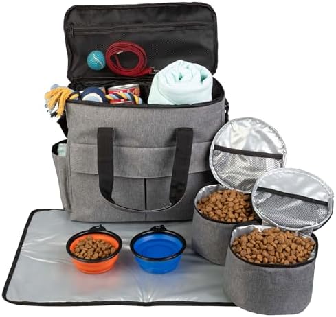 Dog Travel Bag - Cat and Dog Storage Organizer with Pockets, Mat, 2 Food Containers, and 2 Large Collapsible Travel Dog Bowls by PETMAKER (Gray) by PETMAKER