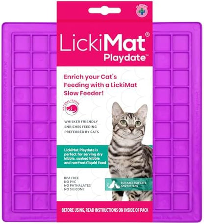 LickiMat Classic Playdate, Cat Slow Feeder Lick Mat, Boredom Anxiety Reducer; Perfect for Food, Treats, Yogurt, or Peanut Butter. Fun Alternative to a Slow Feed Cat Bowl or Dish, Purple by LICKIMAT