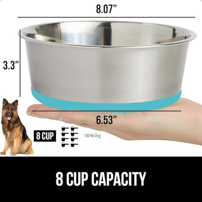 GORILLA GRIP Dog Bowl, Holds 8 Cups (64 fl oz), Food Grade 304 Stainless Steel Food and Water Bowl for Feeding Dogs and Cats, BPA Free Rubber Base, Easy Clean, Dishwasher Safe Rust Resistant Turquoise
