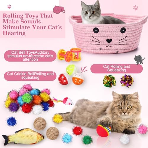 Zopeal 58 Pcs Cat Toy Set with Storage Basket Indoor, Pink, 9.8 Inch - Image 4
