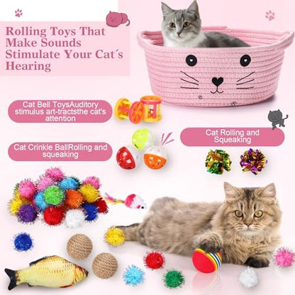 Zopeal 58 Pcs Cat Toy Set with Storage Basket Indoor, Pink, 9.8 Inch - Image 4