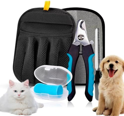 Pet Grooming Glove Set for Dogs & Cats – Premium Pet Hair Removal Glove with Free Nail Clippers & Nail File by AstraVena