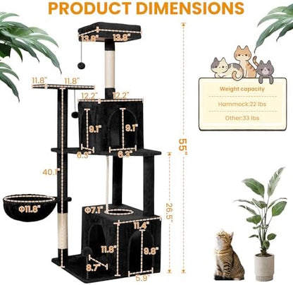 54-Inch Cat Tree Tower with 2 Caves & 2 Pompoms - Multi-Level Tower for Indoor Cats, Soft Plush Condo with Scratching Posts - Sturdy Base for Large Cats(Black) - Image 2