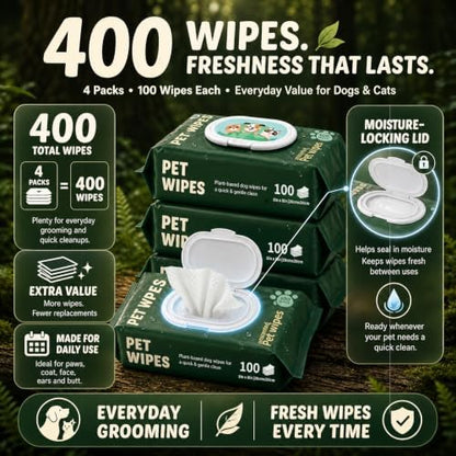 Dog Wipes for Paws and Butt, 400 Count (4 Packs), Hypoallergenic Pet Wipes for Dogs & Cats - Deodorizing Wipes with Aloe Vera for Face, Ears, Coat & Sensitive Areas - Unscented Dog Cleaning Wipes - Image 6
