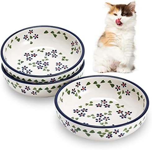 Ceramic Cat Bowls, Howise 5.3 in Cat Food Bowl, Cat Dishes for Food and Water, 3 Pack Shallow Pet Bowls for Indoor Cats, Floral Blue by Cottagecore