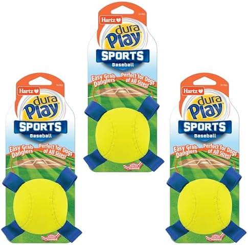 Hartz Dura Play Sports Baseball Dog Toy, Bacon Scented Squeaky Latex Yellow & Blue Toy, 3 Count by Hartz