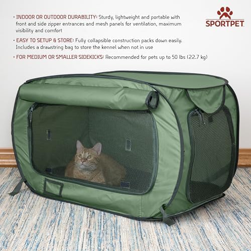 SportPet Designs Soft-Sided Pop-Open Pet Kennel, Medium Portable Travel Crate for Cats & Dogs up to 50 lbs, Foldable Car Kennel with Seatbelt Straps & Washable Waterproof Pad, Green - Image 2