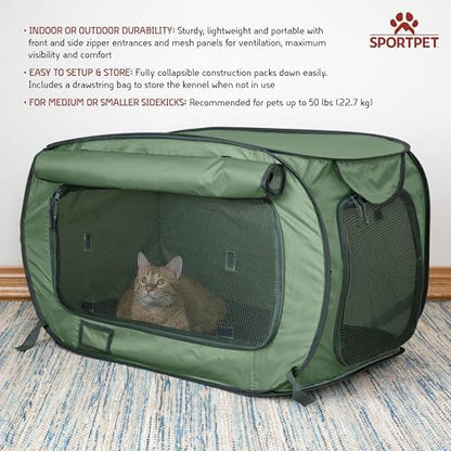 SportPet Designs Soft-Sided Pop-Open Pet Kennel, Medium Portable Travel Crate for Cats & Dogs up to 50 lbs, Foldable Car Kennel with Seatbelt Straps & Washable Waterproof Pad, Green - Image 2
