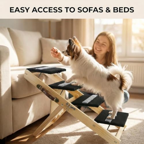 2-in-1 Indoor Pet Ramp, Wooden Folding 4-Tier Pet Stairs with Non-Slip Carpeted Steps, Ramp Perfect for Bed and Couch, 12.5" to 22.5" Height Adjustable (31.5x15) - Image 6