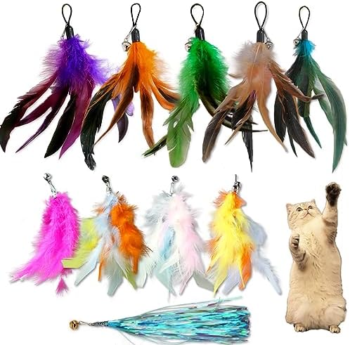 LogFaadCoi 10-Pack of Vibrant Feathered Cat Toy Refills: Perfect Wand Attachments for Indoor Cats, Enhance Your Pet's Playtime with These Exciting Replacement Feather Cat Toys by LogFaadCoi