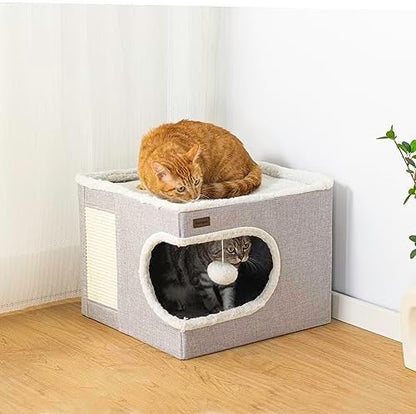 Garnpet Cat Bed for Indoor Cats Cube House, Covered Cat Cave Beds & Furniture with Scratch Pad and Hideaway Tent, Cute Modern Cat Condo for Multi Small Pet Large Kitten Kitty, Grey - Image 5