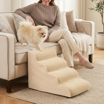 Giantex Dog Ramp Stairs for Bed, 4 Tiers Foam Pet Steps for Small Dogs Puppy Cats Older, Washable Cover, High Density Foam, Non-Slip Stairs for Dogs to Get on Bed Sofa (Beige, 4 Steps) - Image 2
