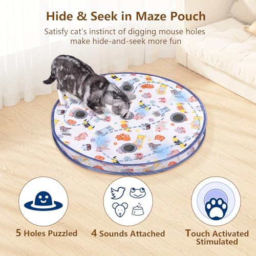 ORSDA Interactive Cat Toys Ball, Automatic Fast Rolling Ball in Pouch, Hide and Seek for Indoor Cats, Motion Chirping Activated Moving Toy, 5 Holes Mat Mouse Catching Game - Image 3