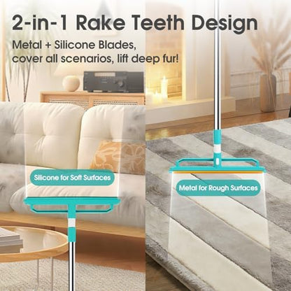 2-in-1 Carpet Rake for Pet Hair Removal, Silicone & Metal Dual-Sided Carpet Rake with 52” Telescopic Adjustable Long Handle, Pet Hair Remover Tool Kit for Rugs/Mats/Sofa Cat Dog Hair - Image 3