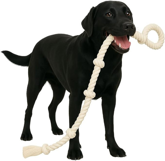 Heavy-Duty 51" White Cotton Rope Dog Toy – 6-Knot Tug & Dental Chew with Loop – Durable, Washable, Natural & Safe for Medium & Large Dogs – Indoor & Outdoor Play