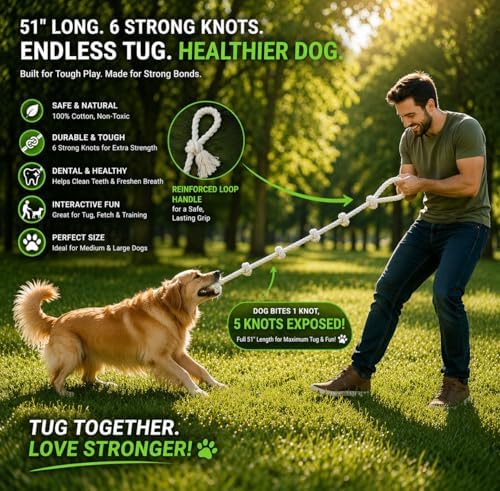 51" Extra Long Dog Rope Tug Toy with Loop Handle – 6-Knot Cotton Rope for Training, Tug-of-War & Interactive Play, Durable for Medium & Large Dogs, Indoor & Outdoor, Washable, White - Image 2